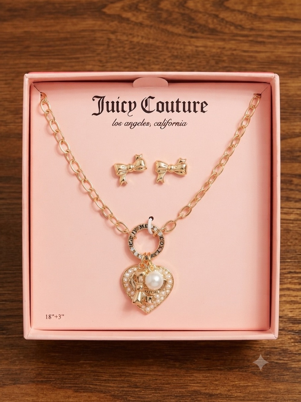 Juicy Couture NWT Love Me Necklace Earring Set Gold Bow Rhinestone Heart Pearl